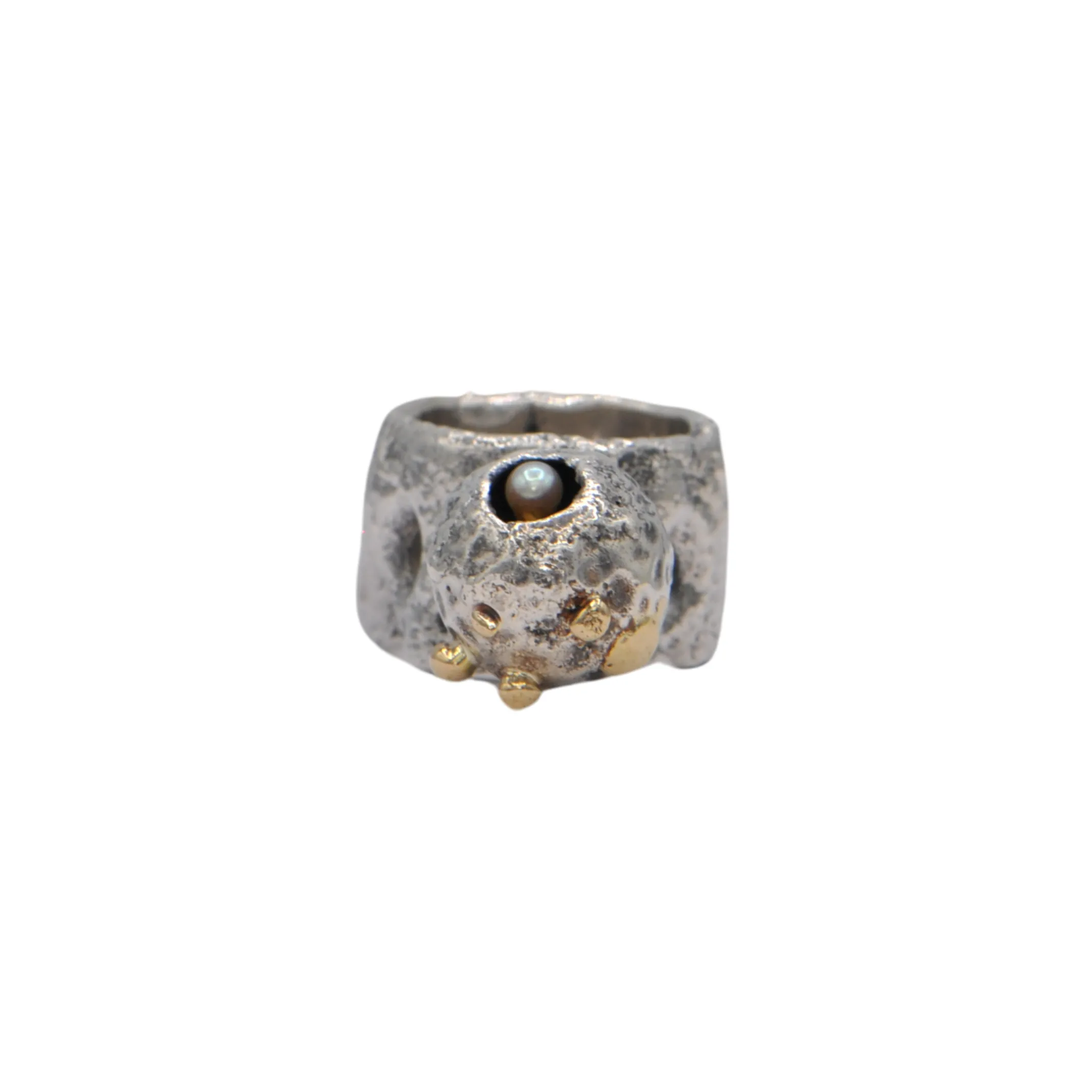 Estate Signed Walter Schluep Sterling Silver and Gold Pearl Ball Ring