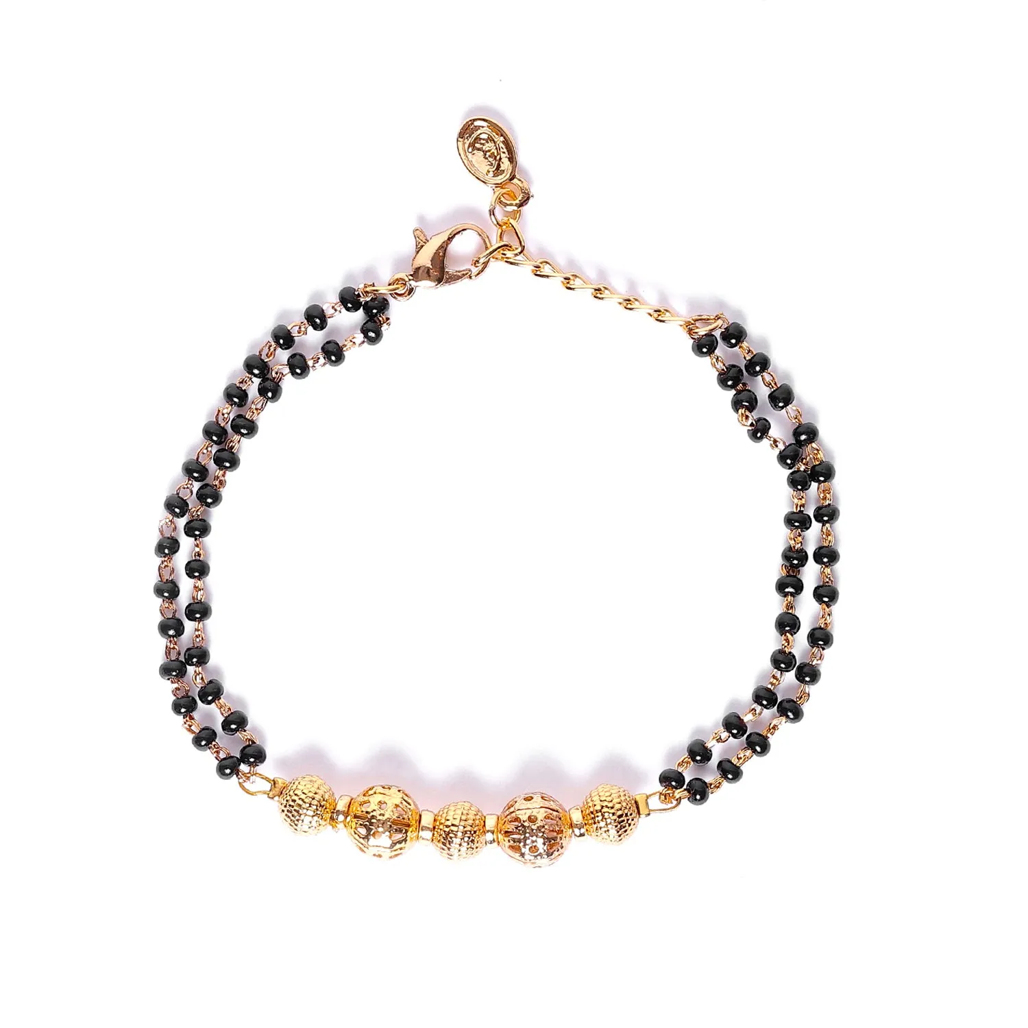 Estele Gold Plated Macrame Bracelet with Black Beads for Women