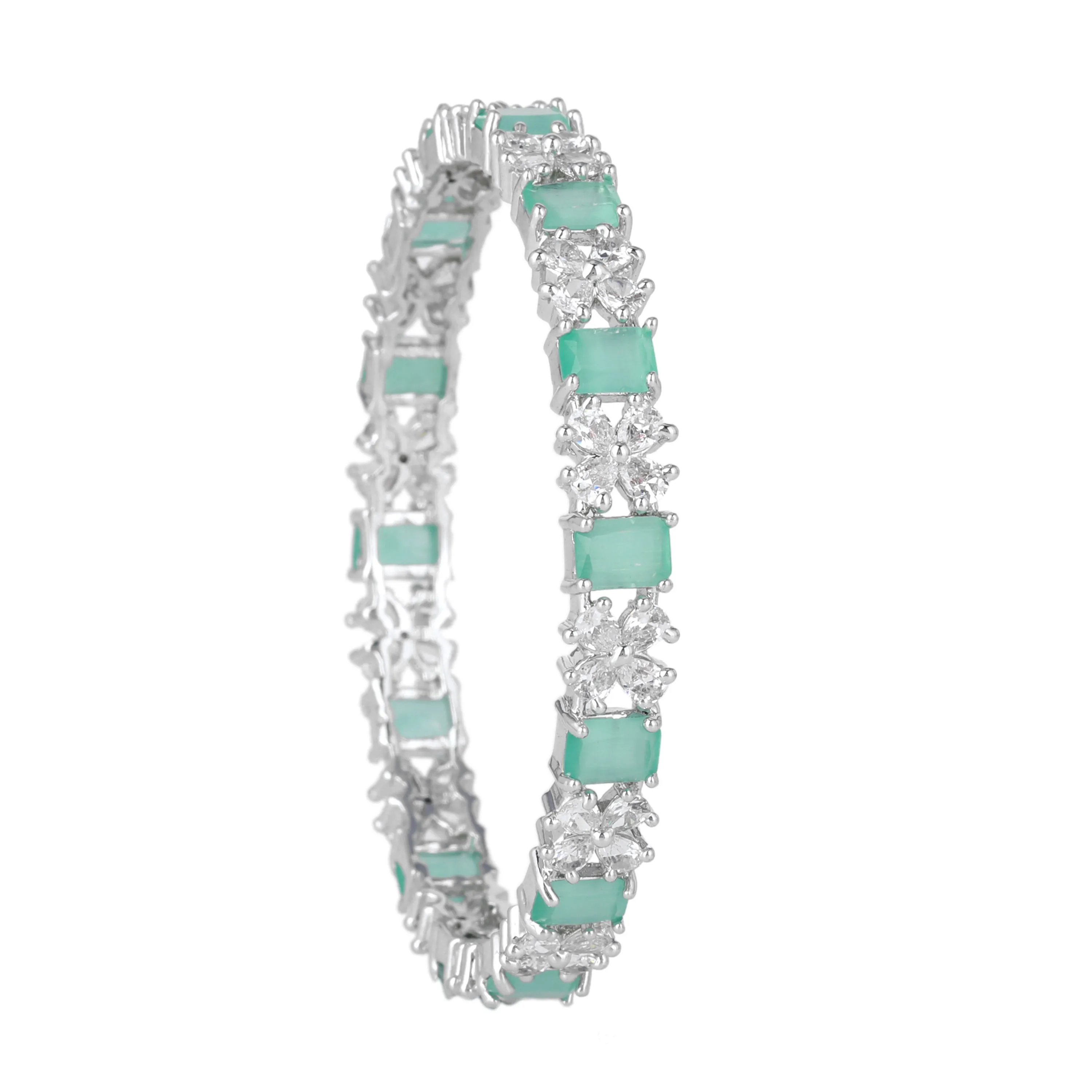 Estele Rhodium Plated Gleaming Mint Green American Diamond Bangles| Available in 2:4, 2:6, & 2:8 Sizes|Dazzling Touch of Elegance for Women