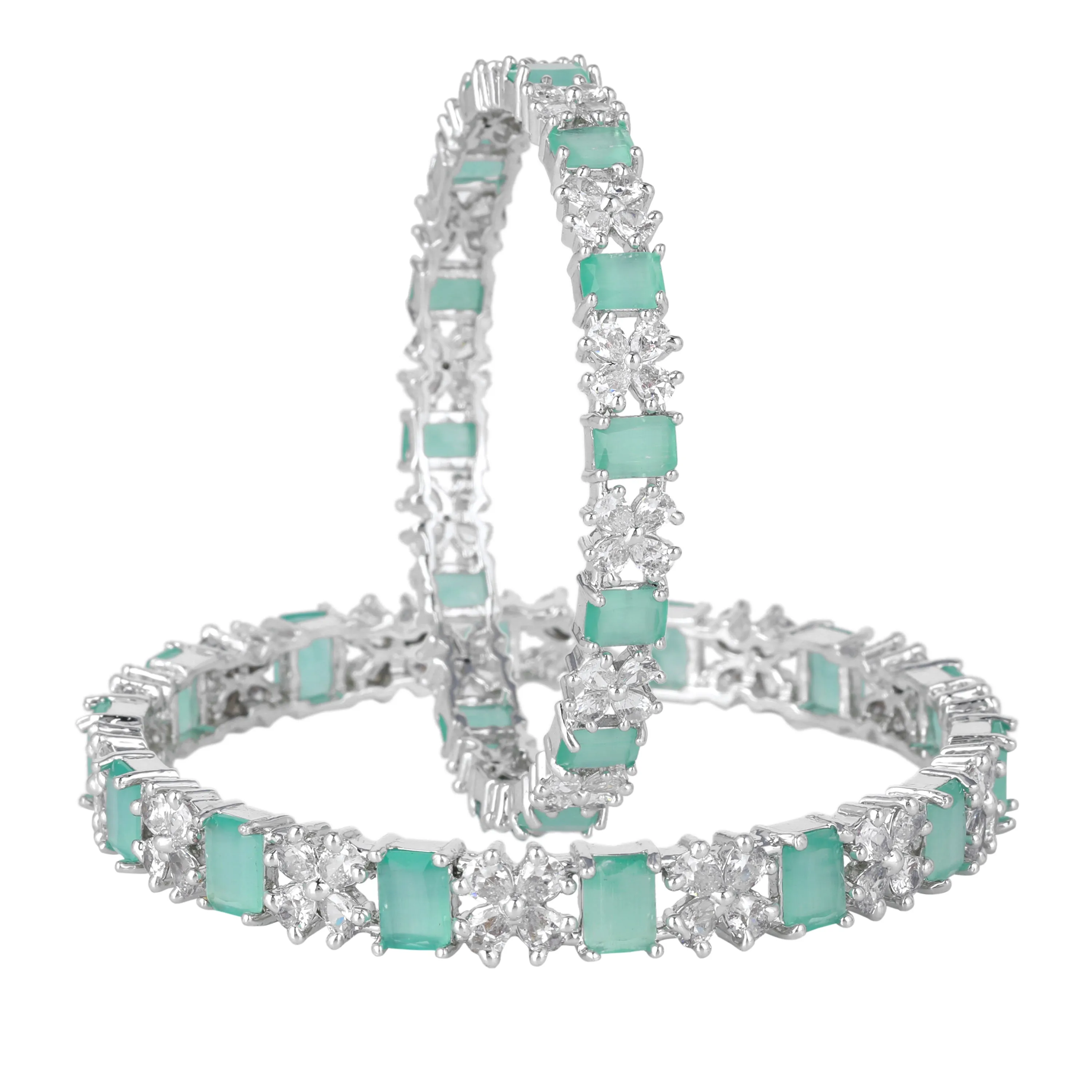 Estele Rhodium Plated Gleaming Mint Green American Diamond Bangles| Available in 2:4, 2:6, & 2:8 Sizes|Dazzling Touch of Elegance for Women