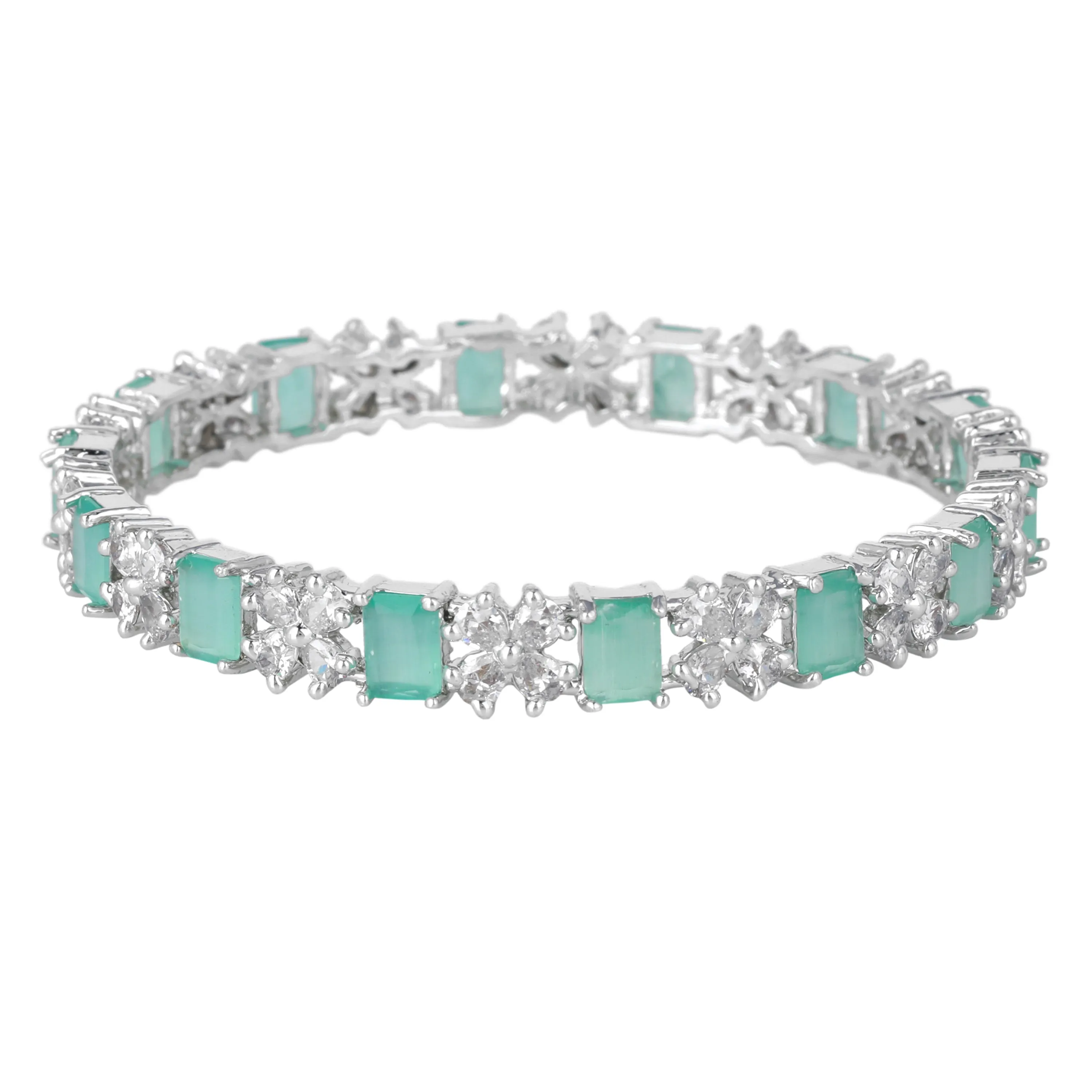 Estele Rhodium Plated Gleaming Mint Green American Diamond Bangles| Available in 2:4, 2:6, & 2:8 Sizes|Dazzling Touch of Elegance for Women