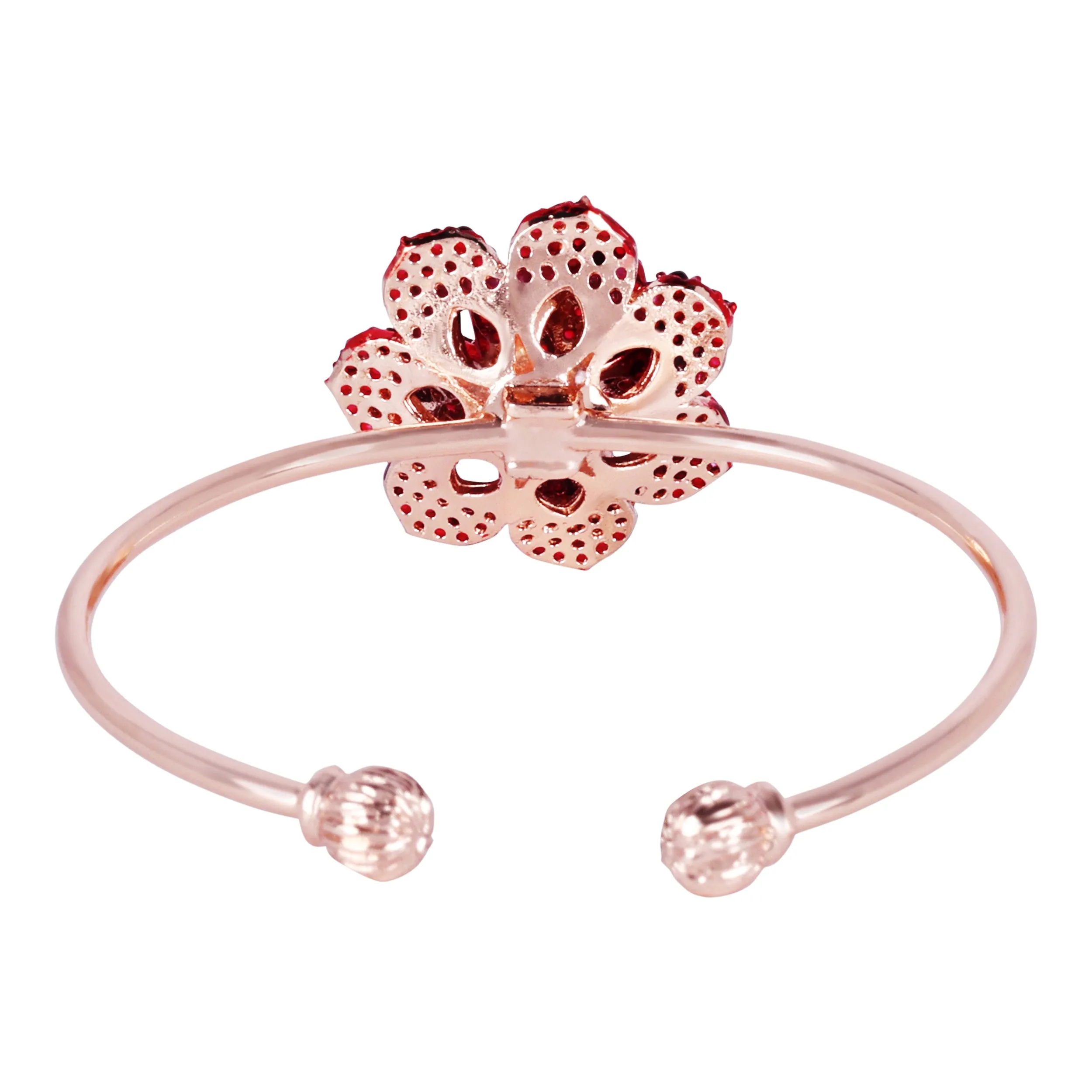 Estele Rose Collection Trendy Rose Motif Cuff Bracelet for Women: Rosegold Plated Floral Charms with Ruby Red Stones|A Bold Statement for Every Look