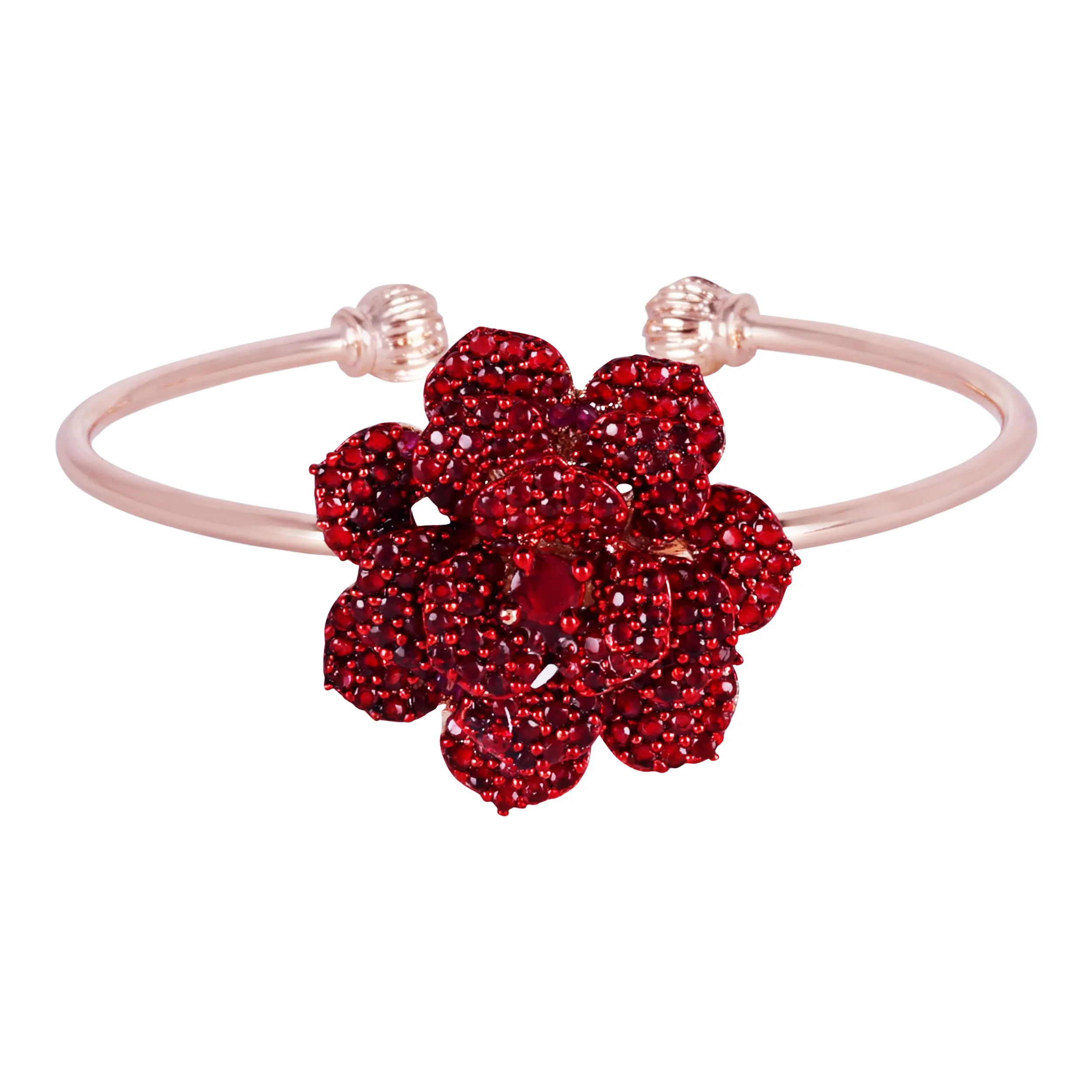 Estele Rose Collection Trendy Rose Motif Cuff Bracelet for Women: Rosegold Plated Floral Charms with Ruby Red Stones|A Bold Statement for Every Look