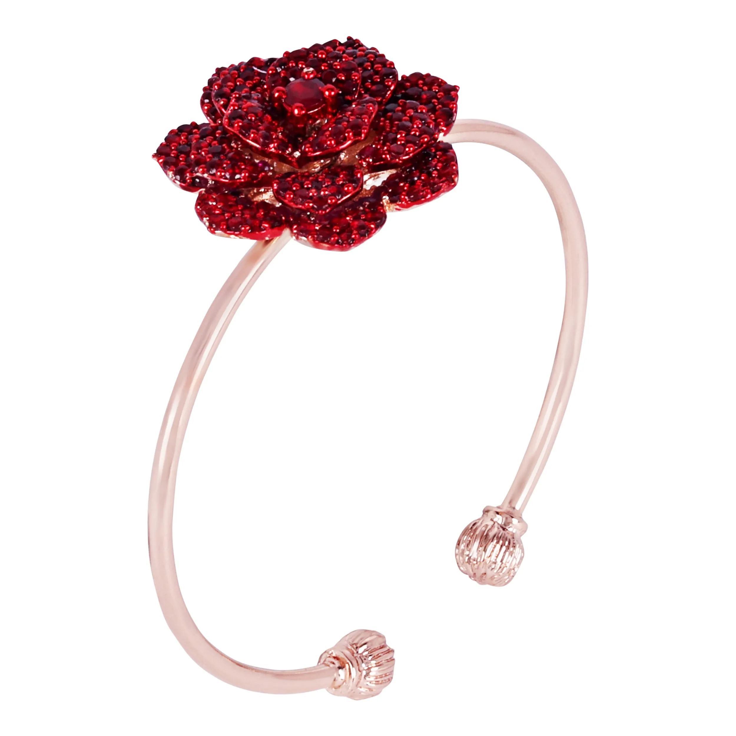 Estele Rose Collection Trendy Rose Motif Cuff Bracelet for Women: Rosegold Plated Floral Charms with Ruby Red Stones|A Bold Statement for Every Look