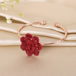 Estele Rose Collection Trendy Rose Motif Cuff Bracelet for Women: Rosegold Plated Floral Charms with Ruby Red Stones|A Bold Statement for Every Look