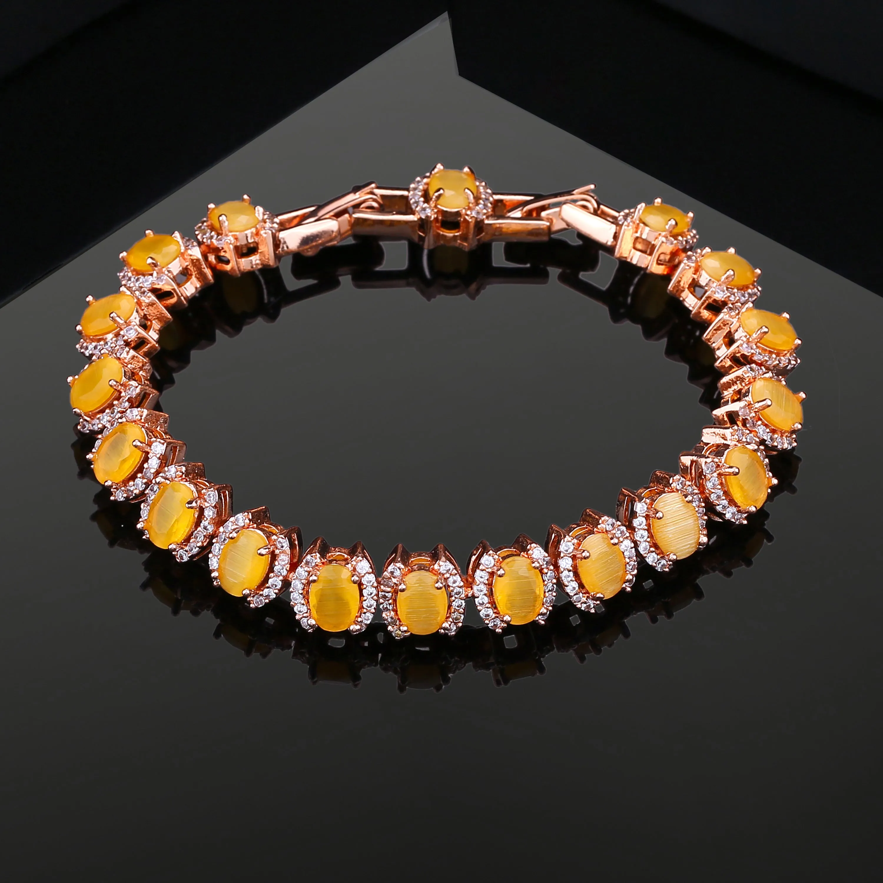 Estele Rose Gold Plated CZ Fascinating Designer Bracelet with Mint yellow Stones for Girls/Women