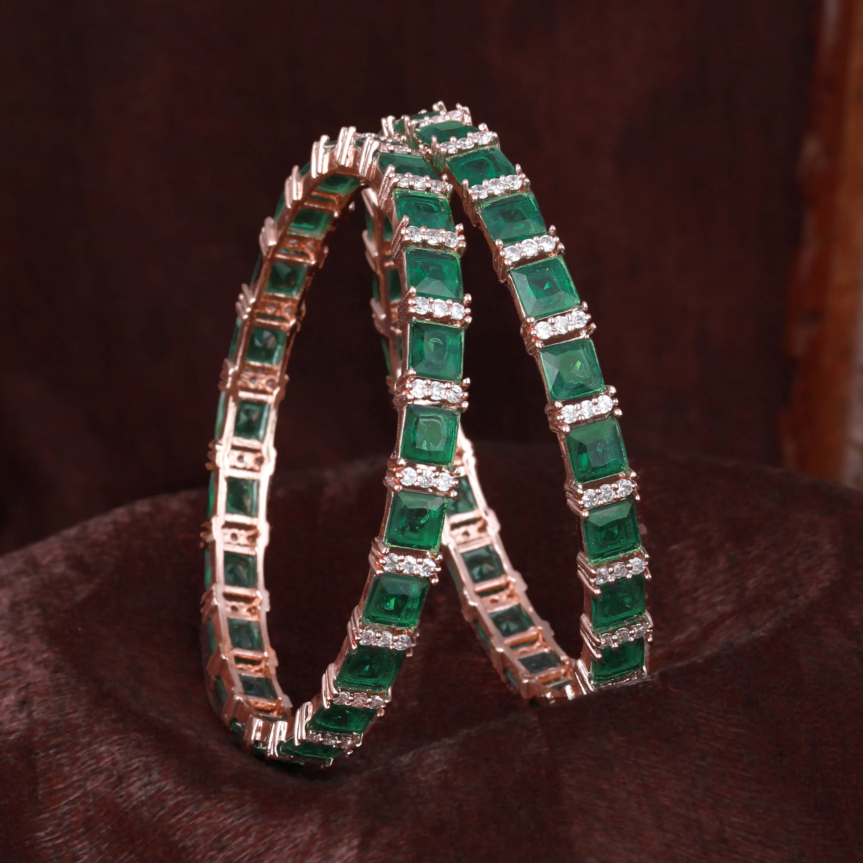 Estele Rosegold Plated Exquisite Square Pattern Green American Diamond Bangles | Sizes 2:4, 2:6 & 2:8|Perfect for Womens Elegant & Glamorous Look