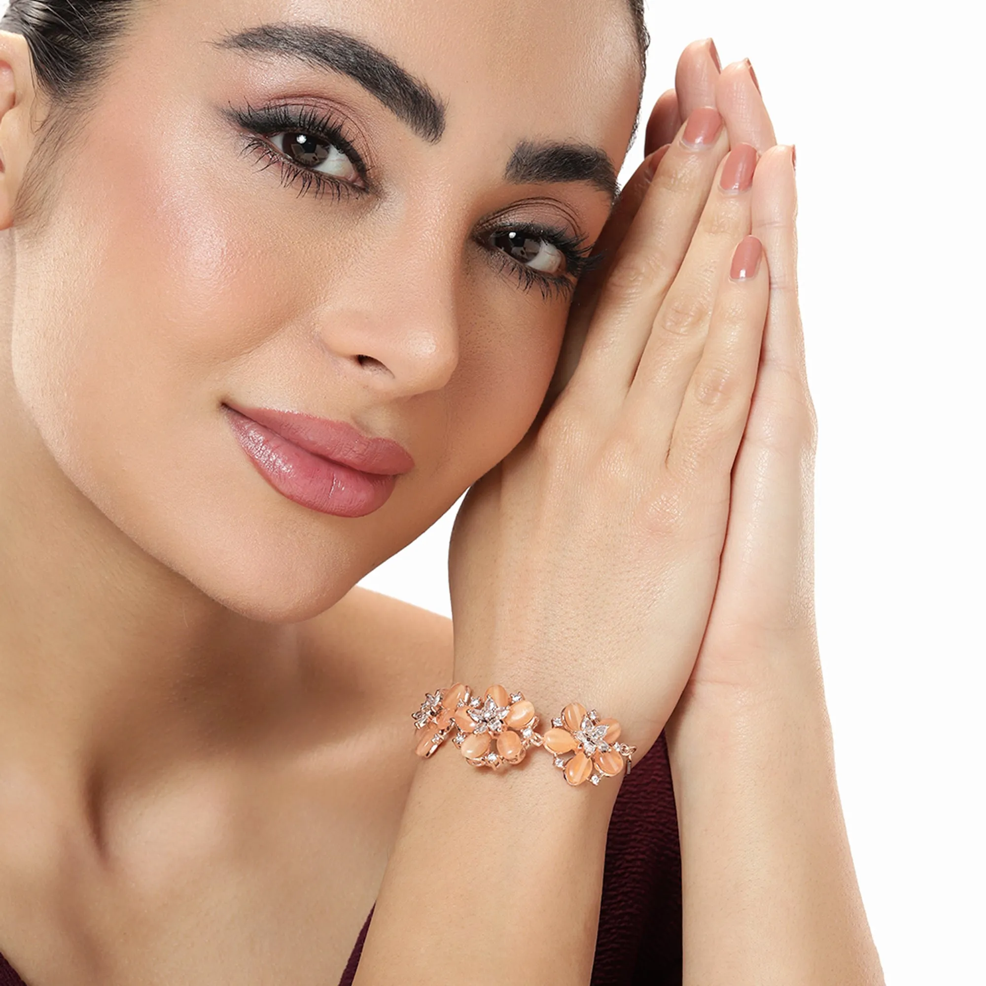Estele Rosegold Plated Glorious Bloom Pattern Mint Orange Beaded Adjustable Varya Bracelet|Stylish and Elegant for Women