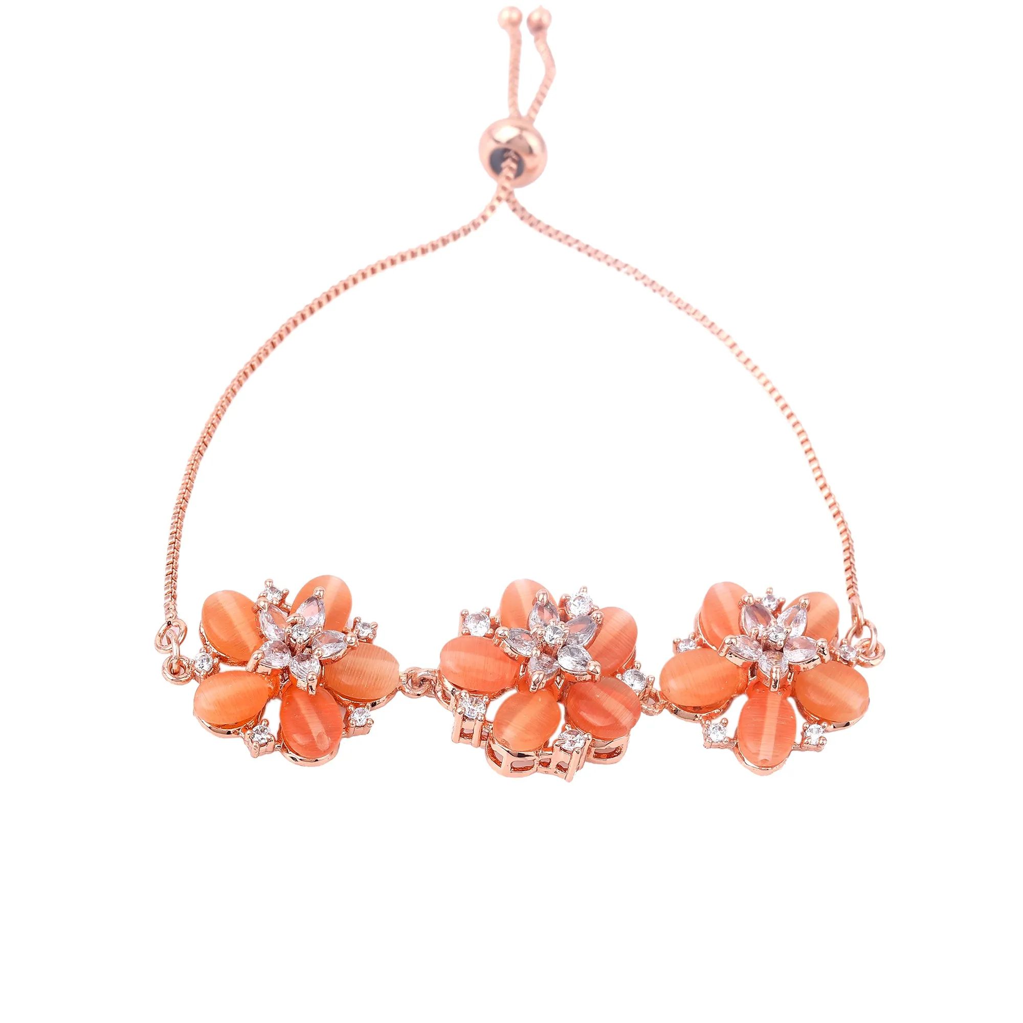 Estele Rosegold Plated Glorious Bloom Pattern Mint Orange Beaded Adjustable Varya Bracelet|Stylish and Elegant for Women