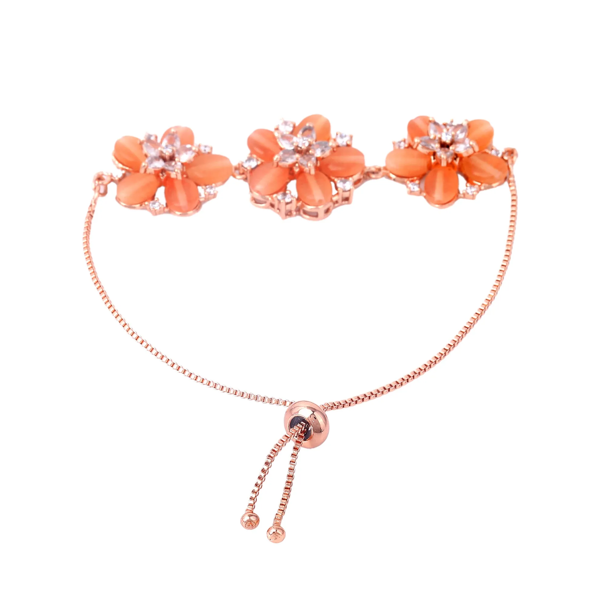 Estele Rosegold Plated Glorious Bloom Pattern Mint Orange Beaded Adjustable Varya Bracelet|Stylish and Elegant for Women