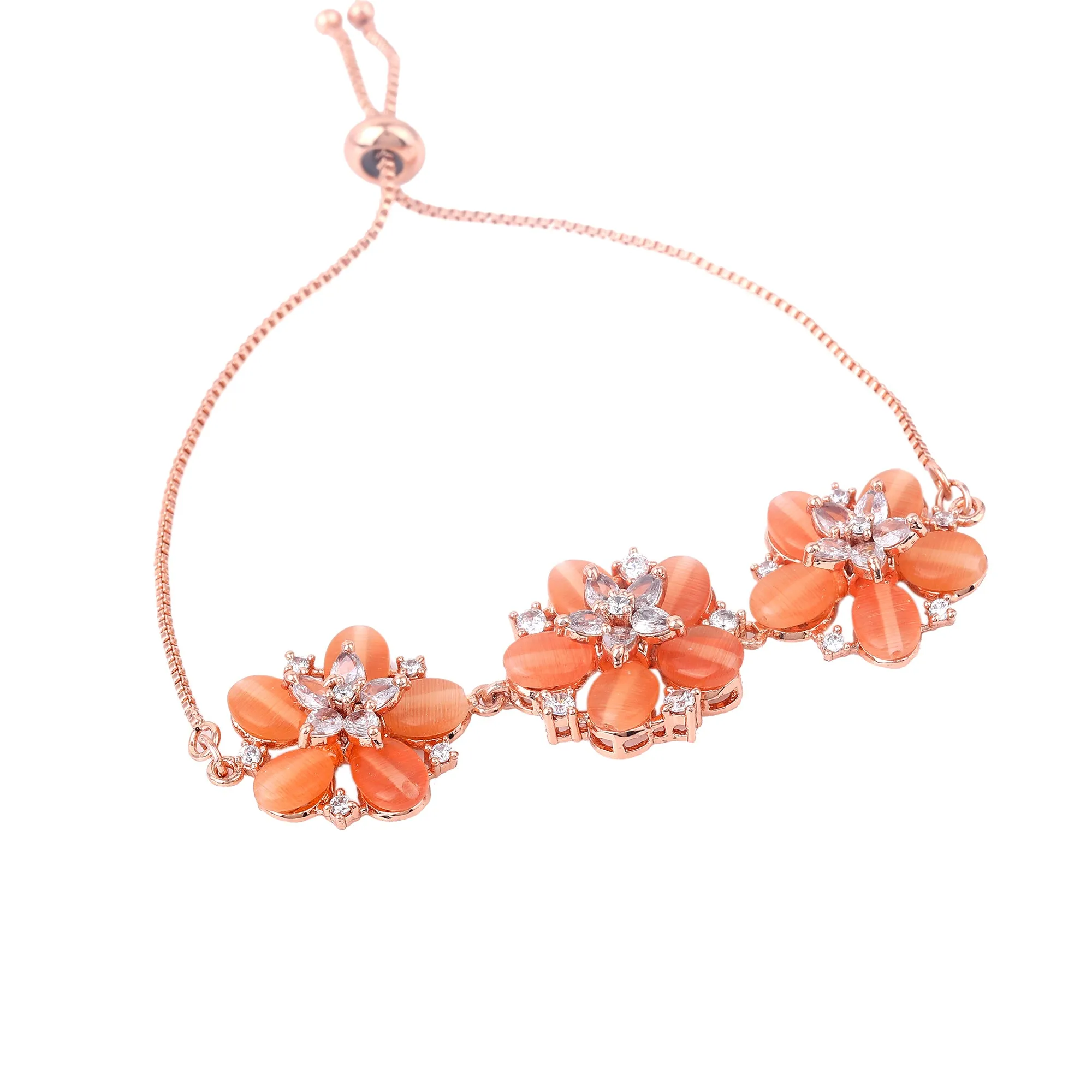 Estele Rosegold Plated Glorious Bloom Pattern Mint Orange Beaded Adjustable Varya Bracelet|Stylish and Elegant for Women