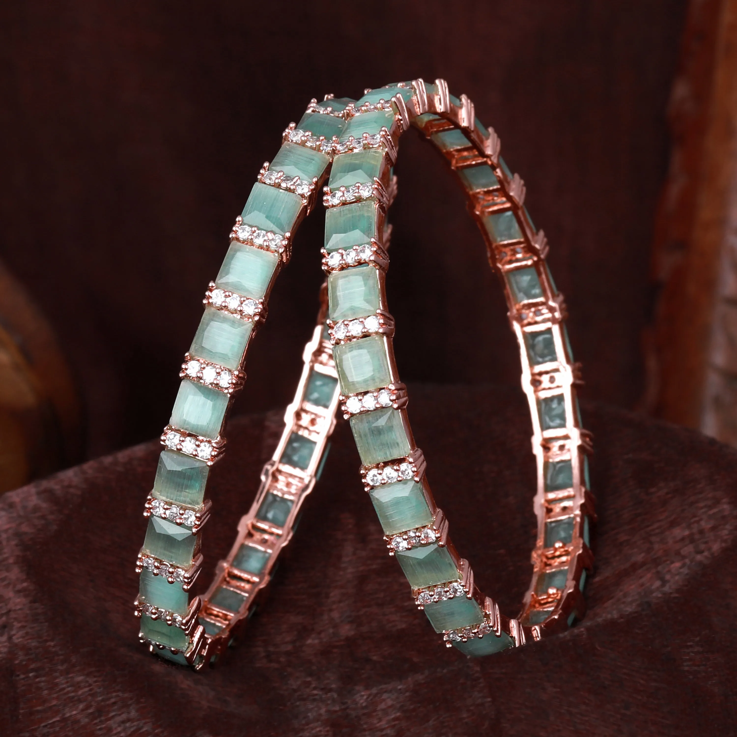 Estele Rosegold Plated Glossy Mint Green American Diamond Bangles for Women| Availabe Sizes 2:4, 2:6 & 2:8 | Add a Touch of Glamour to Your Outfit