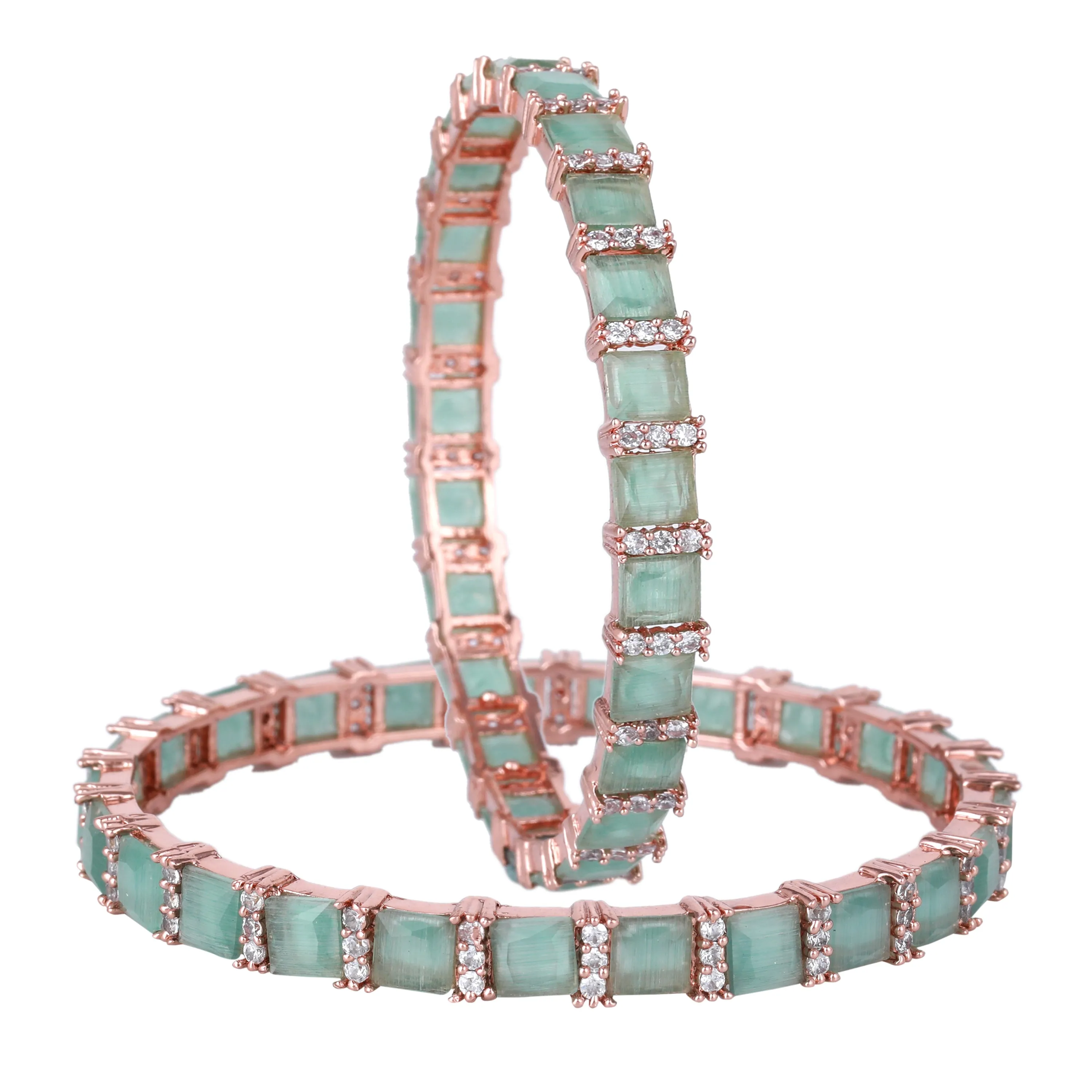 Estele Rosegold Plated Glossy Mint Green American Diamond Bangles for Women| Availabe Sizes 2:4, 2:6 & 2:8 | Add a Touch of Glamour to Your Outfit