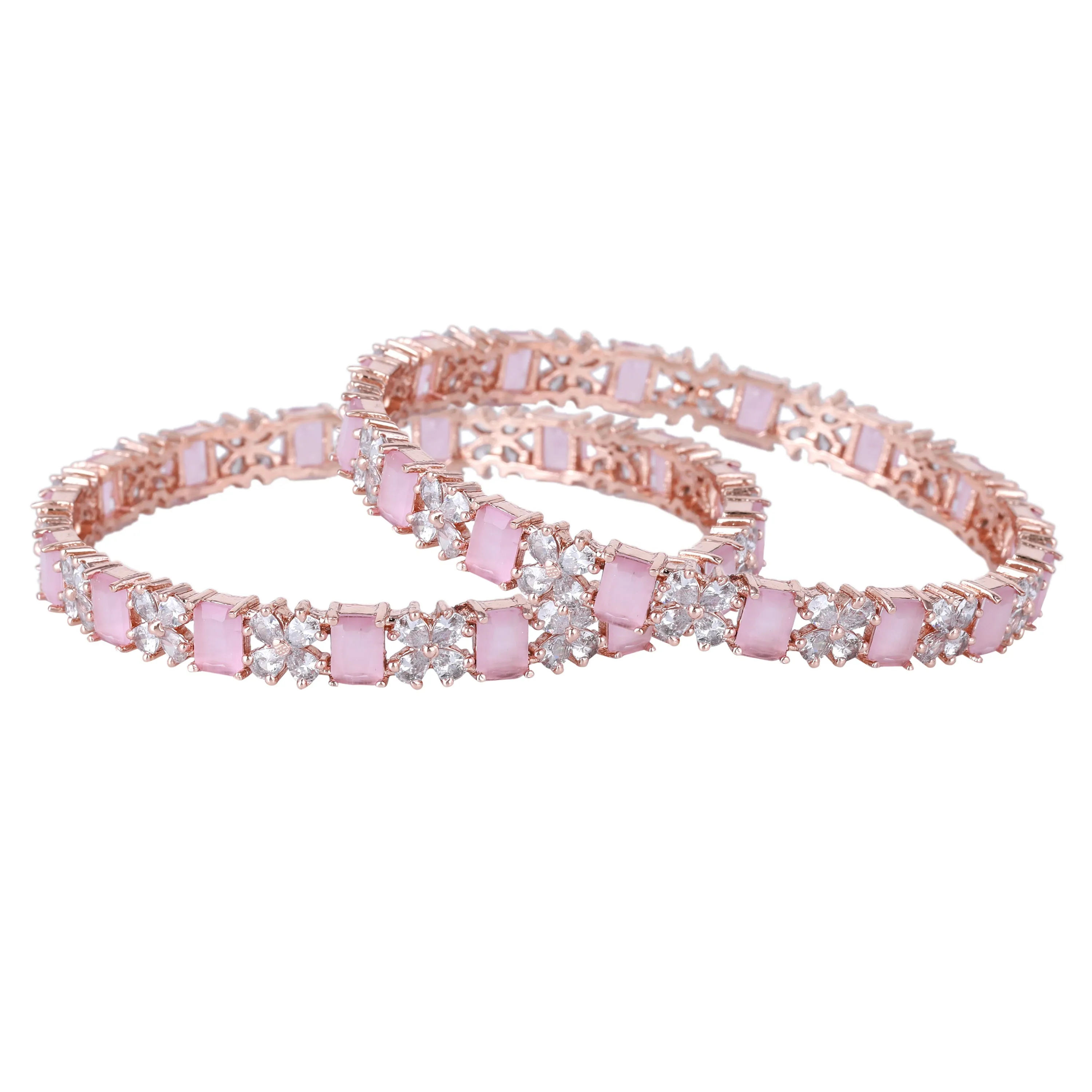 Estele Rosegold Plated Glossy Mint Pink American Diamond Bangles| Available in 2:4, 2:6, & 2:8 Sizes|Dazzling Touch of Elegance for Women