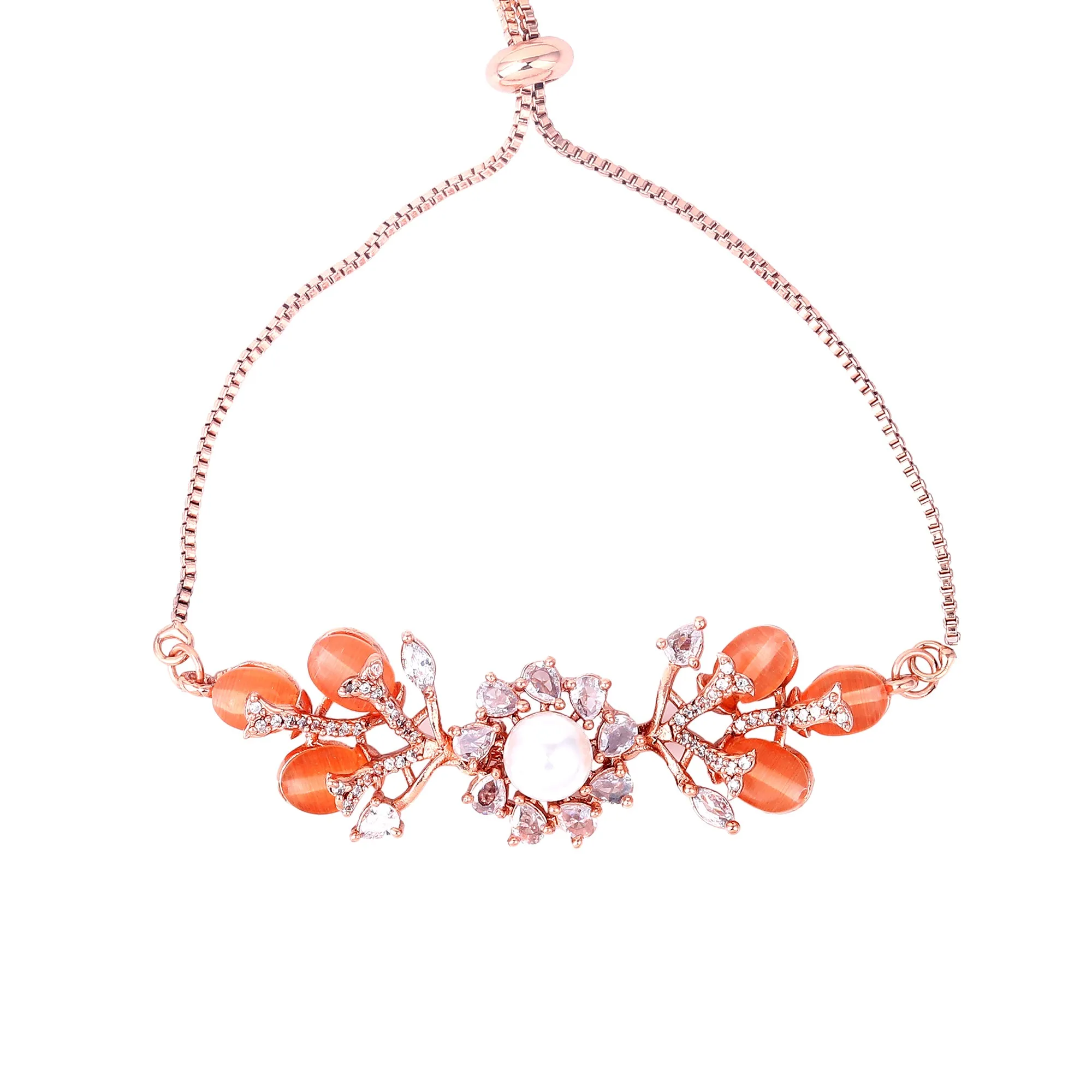 Estele Rosegold Plated Stunning Floral Motifs Adjustable Varya Bracelet with Mint Orange Beads|Timeless Charm for Women