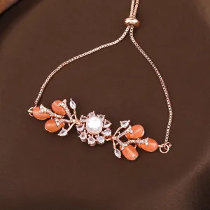 Estele Rosegold Plated Stunning Floral Motifs Adjustable Varya Bracelet with Mint Orange Beads|Timeless Charm for Women