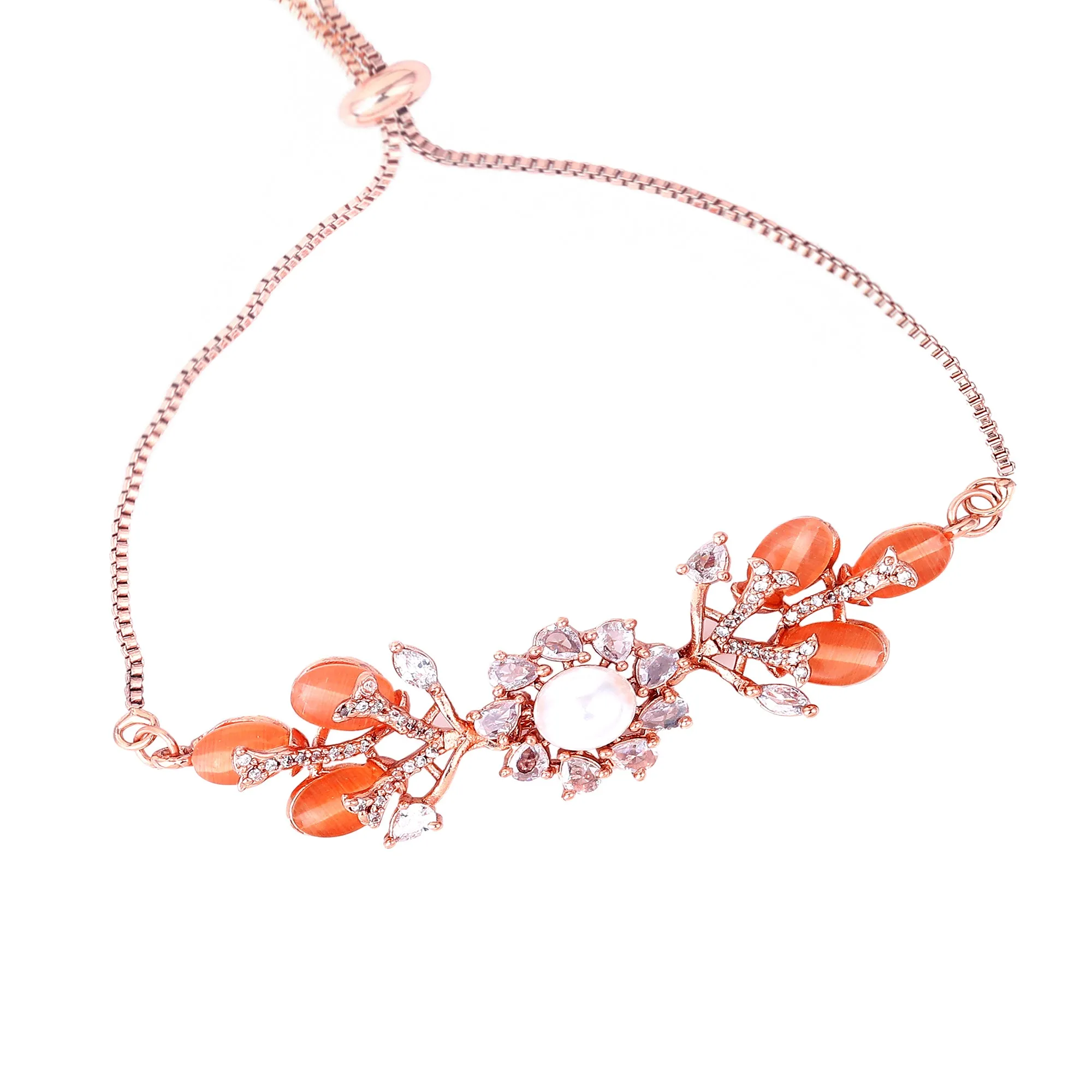 Estele Rosegold Plated Stunning Floral Motifs Adjustable Varya Bracelet with Mint Orange Beads|Timeless Charm for Women