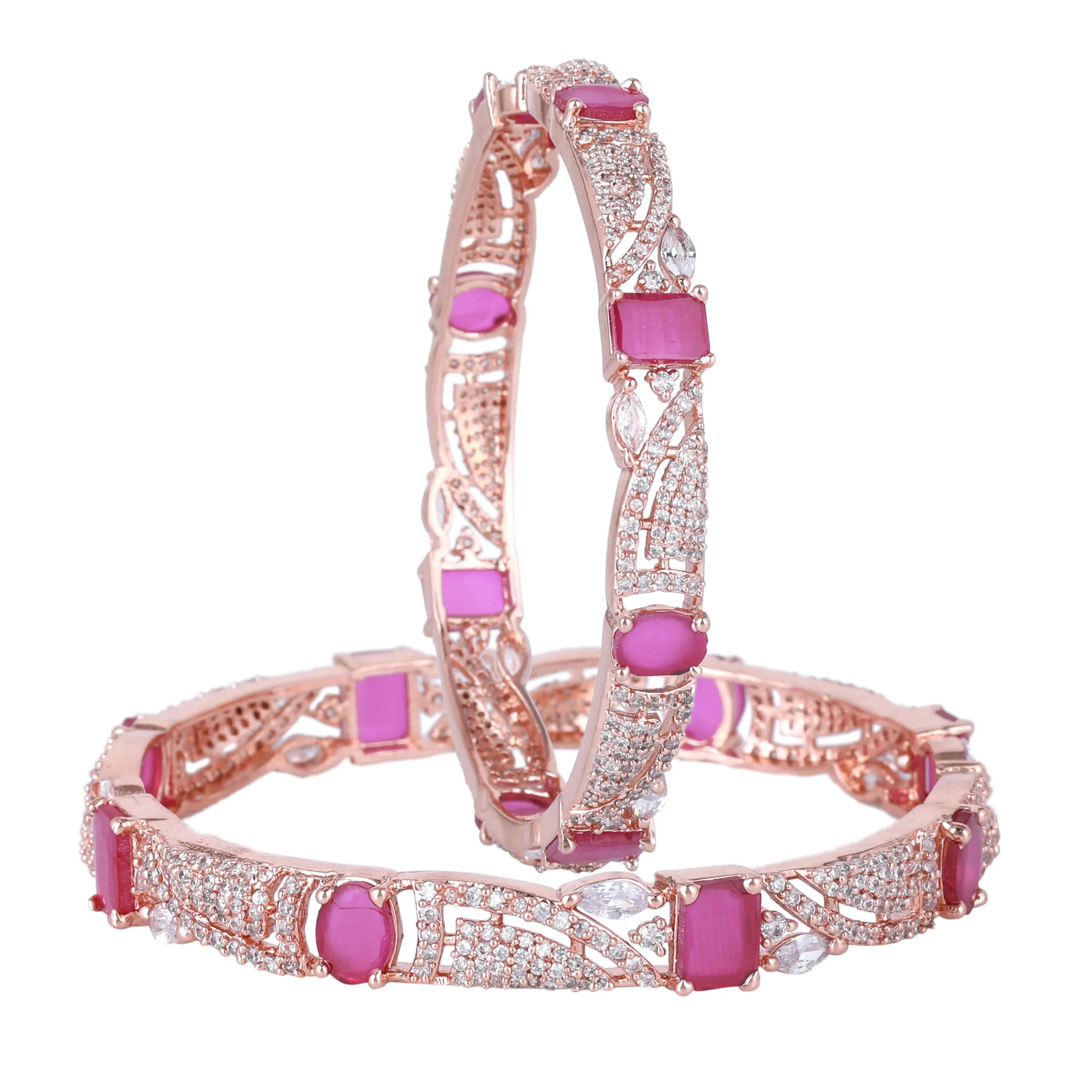 Estele Rosegold Plated Twinkling Ruby American Diamond Bangles|Available in 2:4, 2:6 & 2:8 Sizes|Perfect Blend of Glamour & Elegance for Women
