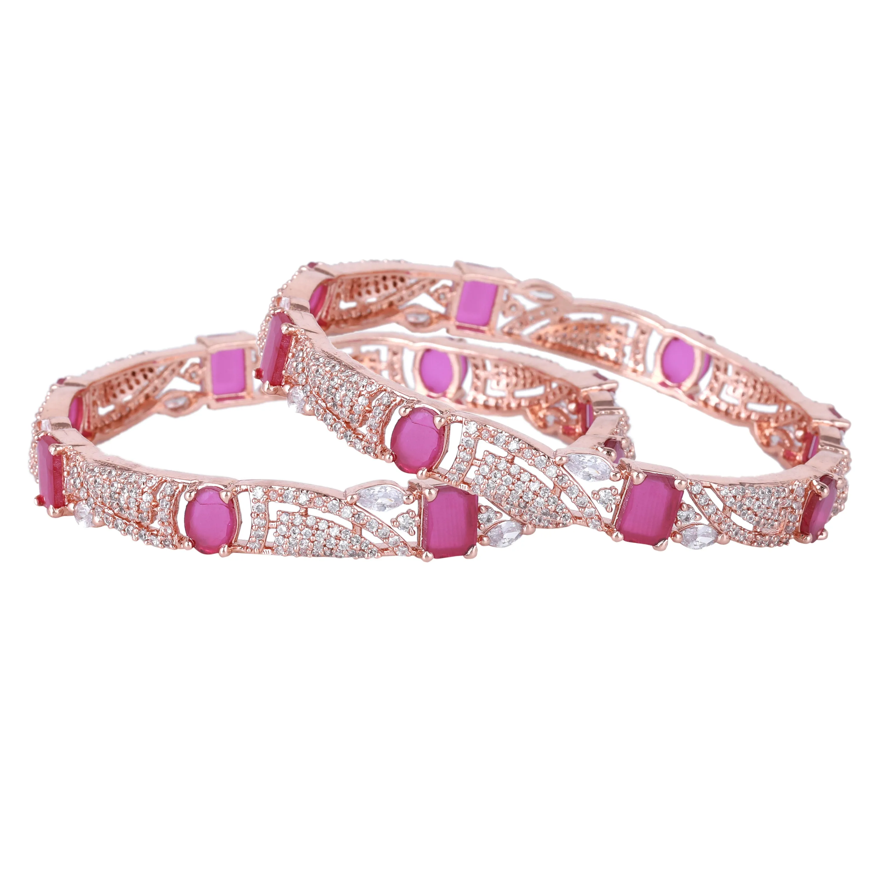 Estele Rosegold Plated Twinkling Ruby American Diamond Bangles|Available in 2:4, 2:6 & 2:8 Sizes|Perfect Blend of Glamour & Elegance for Women