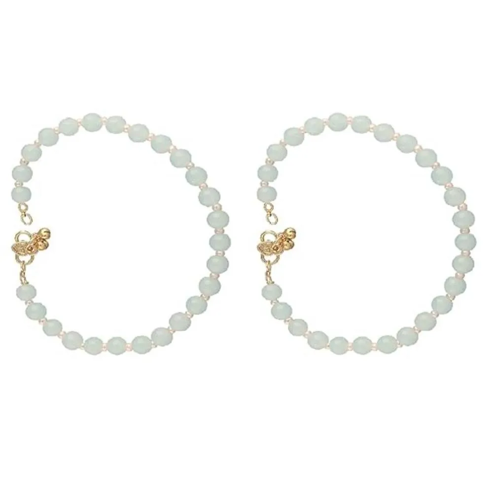 Etnico Adjustable Mint Pearl Beads Payal Anklets Jewellery for Women & Girls (A055Min)