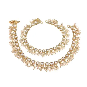 Etnico Gold Plated Kundan & pearl Studded Adjustable Bridal Anklets/Payal For Women/Girls (A044W)