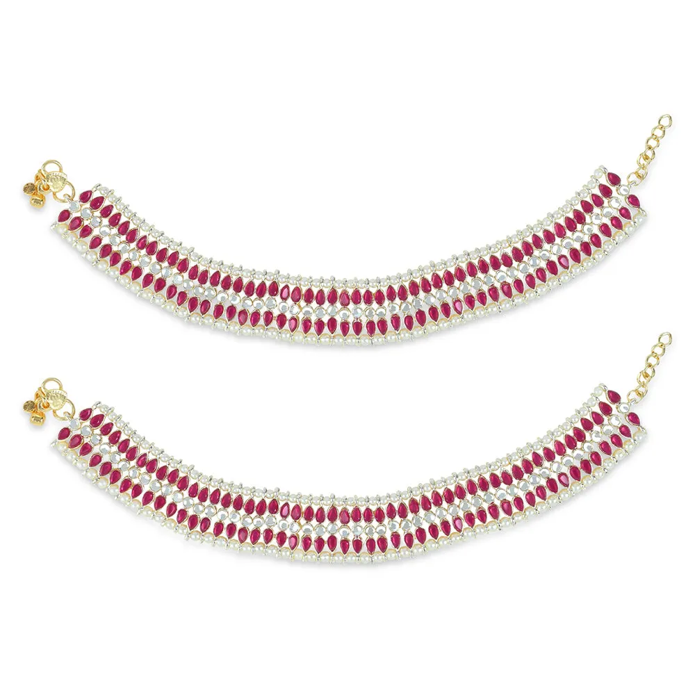 Etnico Traditional Alloy Gold Plated Kundan Pearl Payal Anklet for Women (A046Q)