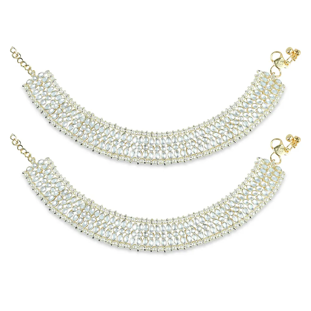 Etnico Traditional Alloy Gold Plated Kundan Pearl Payal Anklet for Women (A046W)