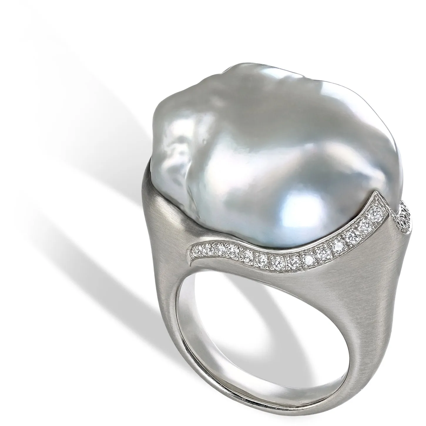 Gellner Exceptional Silver South Sea Pearl Diamond Platinum Ring