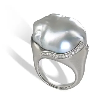 Gellner Exceptional Silver South Sea Pearl Diamond Platinum Ring