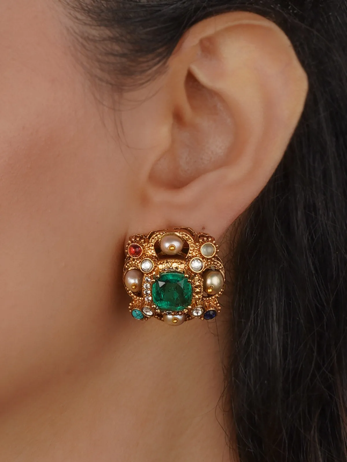 Gold Plated Navratna Earrings - NR-EAR5