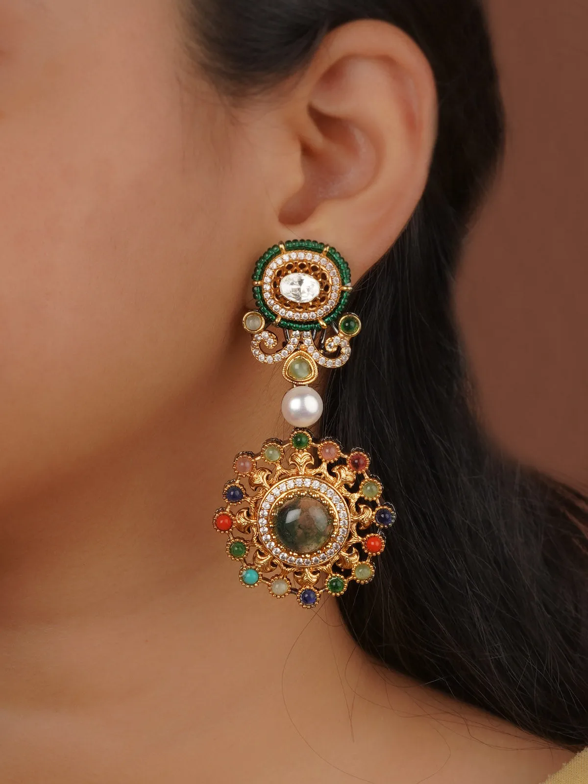 Gold Plated Navratna Earrings - NR-EAR8