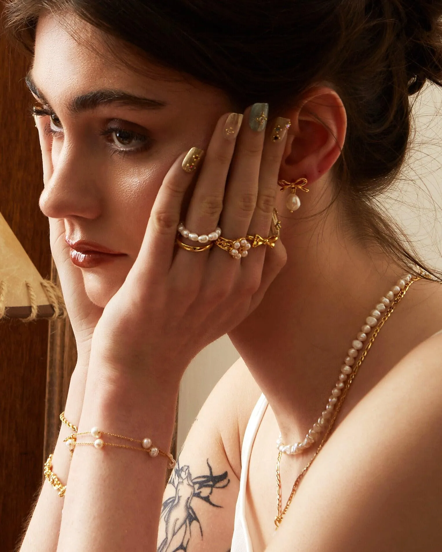 Gold Ribbon Pearl Earrings