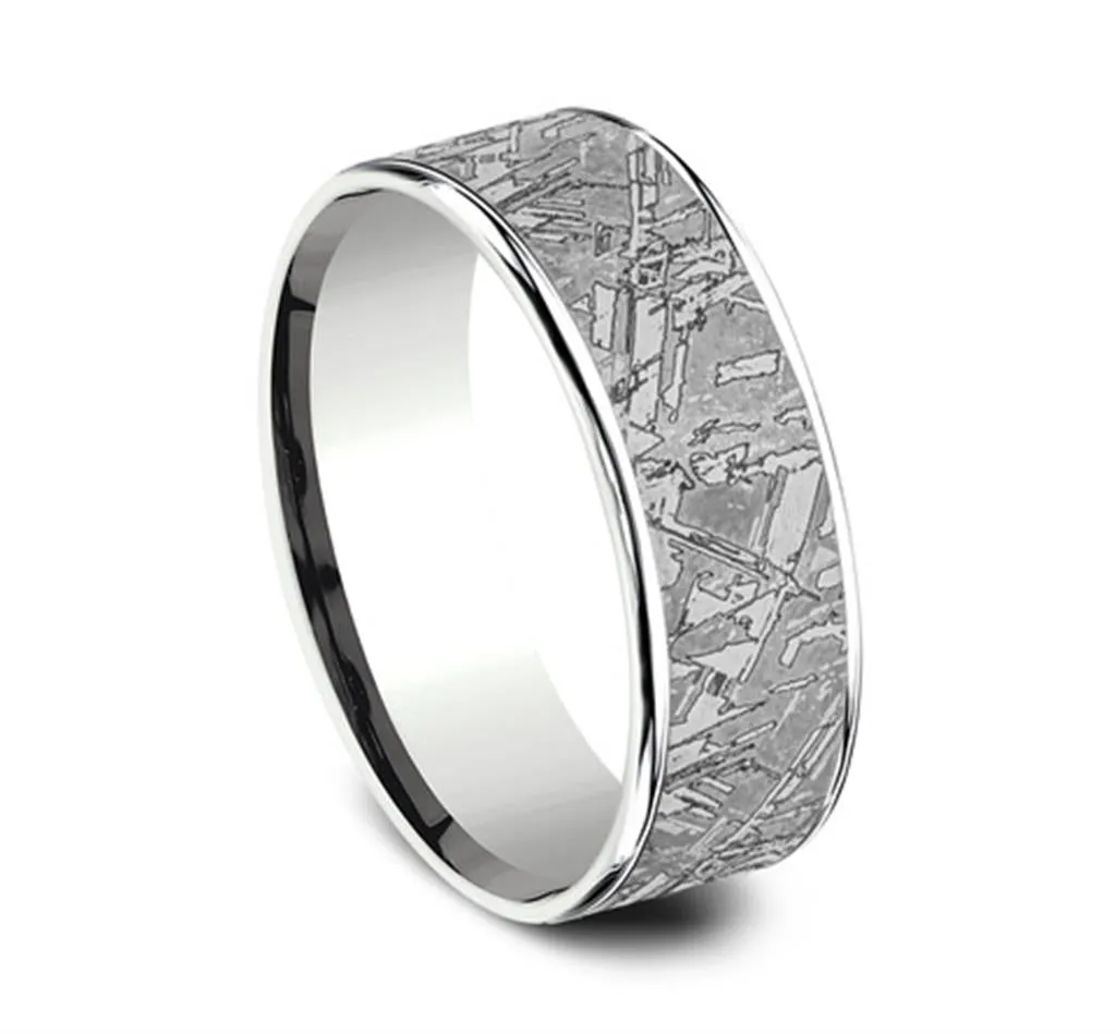 Gray Tantalum And 14K White Gold ??The Gibeon?? Meteorite Patterned 7.5mm Wedding Band