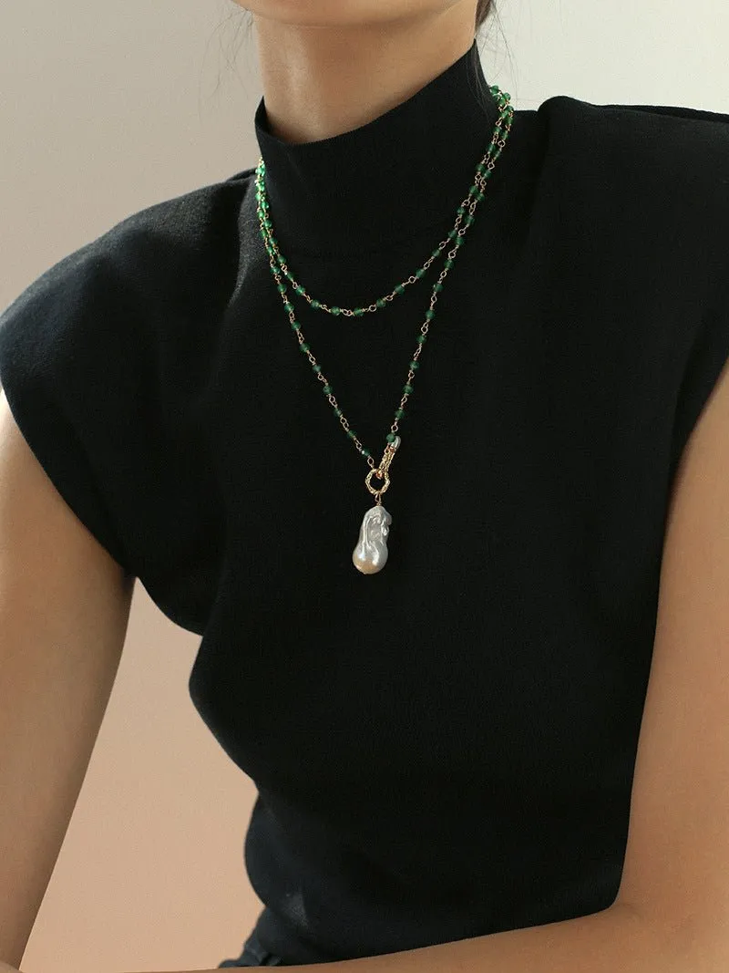 Green Agate Baroque Pearl Pendant Necklace