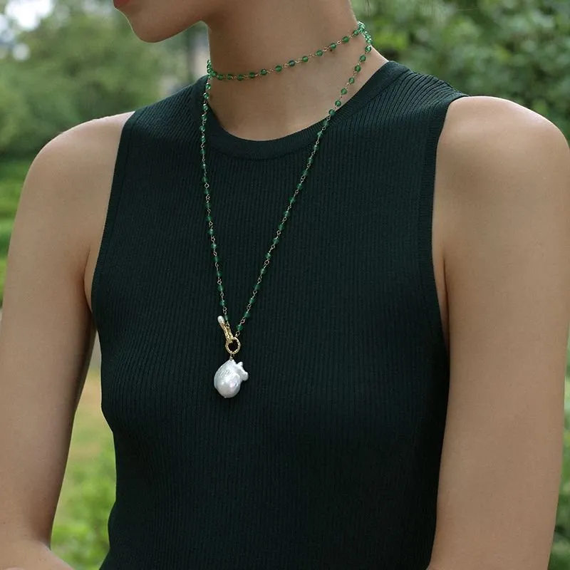 Green Agate Baroque Pearl Pendant Necklace
