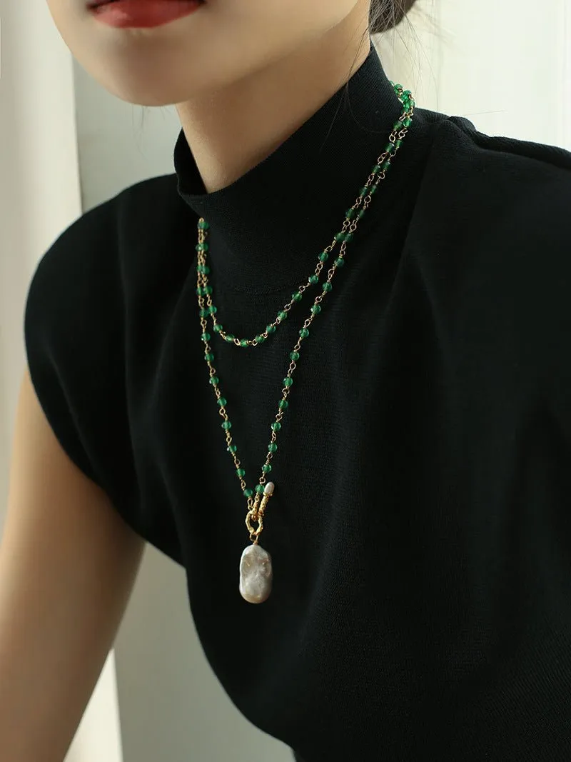 Green Agate Baroque Pearl Pendant Necklace
