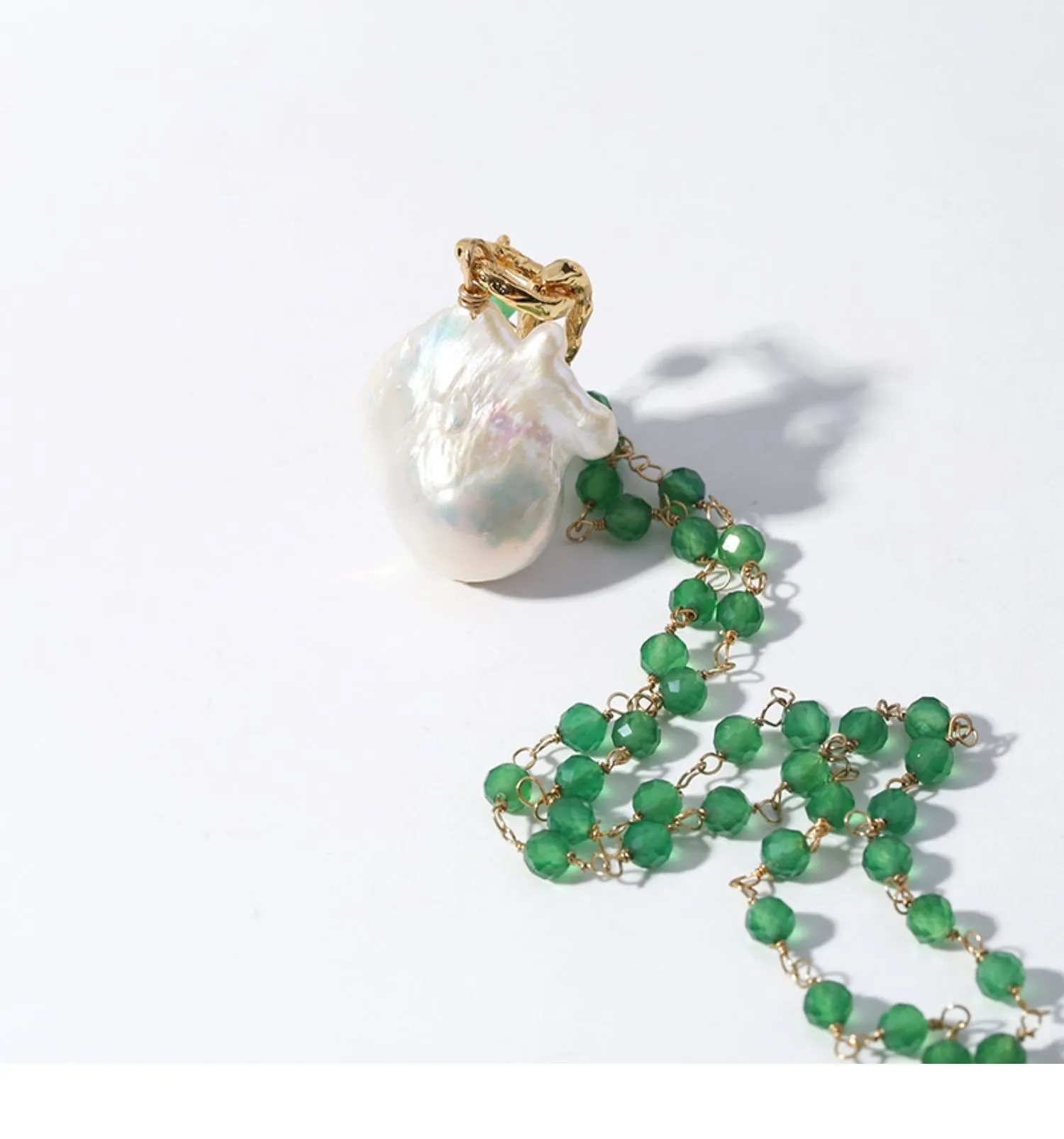 Green Agate Baroque Pearl Pendant Necklace