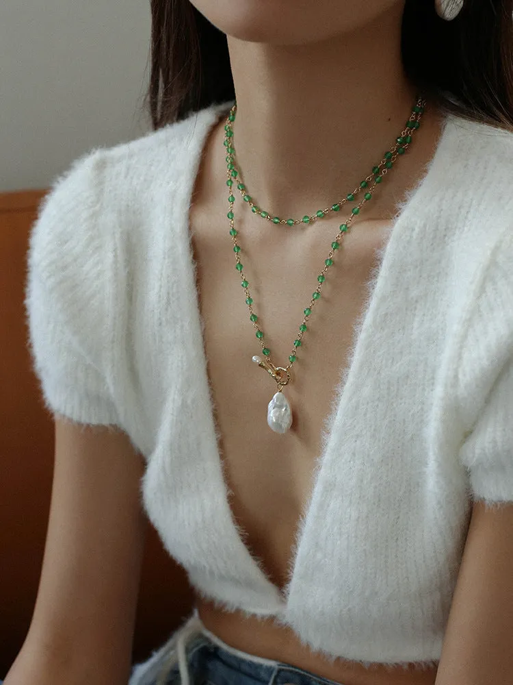 Green Agate Baroque Pearl Pendant Necklace