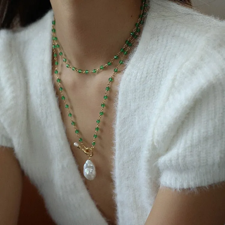 Green Agate Baroque Pearl Pendant Necklace