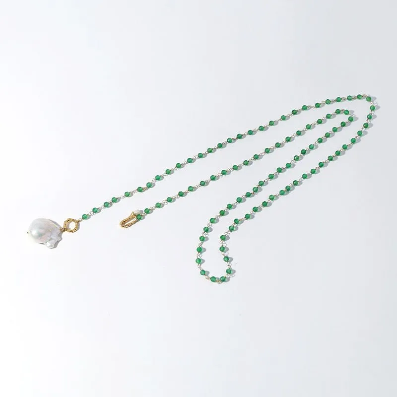 Green Agate Baroque Pearl Pendant Necklace