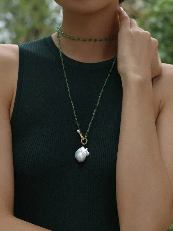 Green Agate Baroque Pearl Pendant Necklace