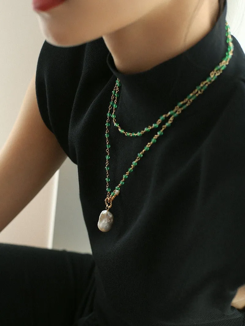 Green Agate Baroque Pearl Pendant Necklace