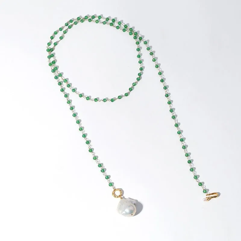 Green Agate Baroque Pearl Pendant Necklace