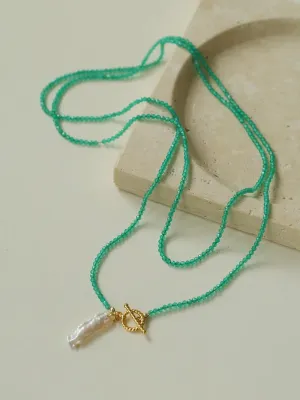 Green Agate Toothpick Baroque Pearl OT Clasp Pendant Necklace
