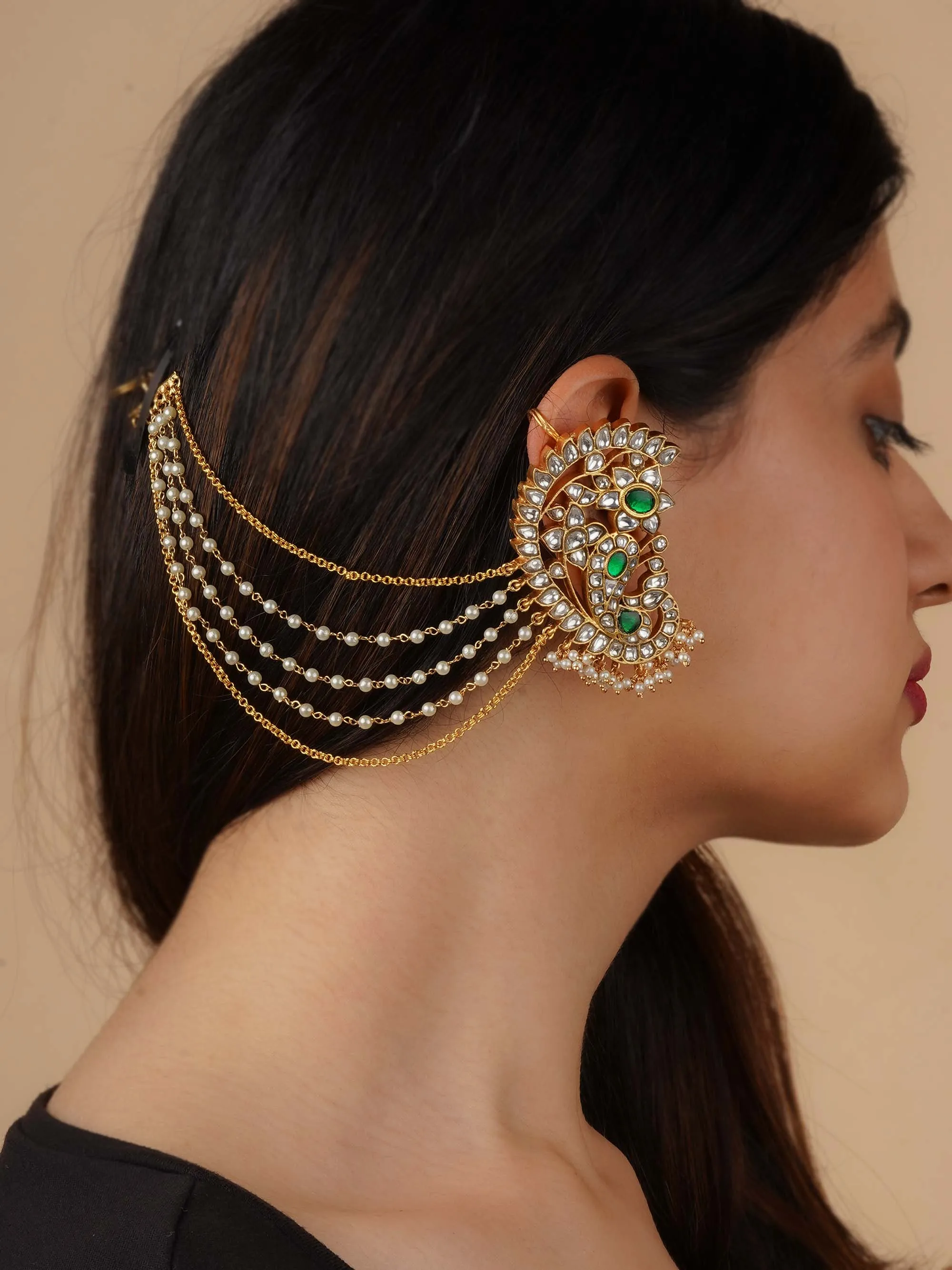 Green Color Gold Plated Jadau Kundan Earrings - ME1160WGR