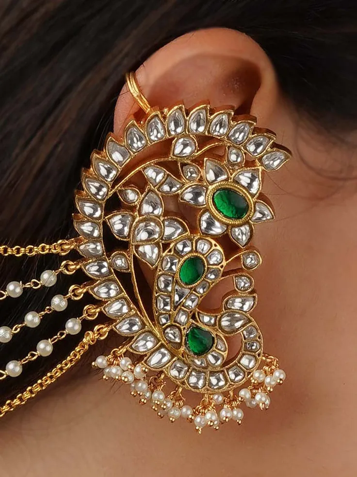 Green Color Gold Plated Jadau Kundan Earrings - ME1160WGR