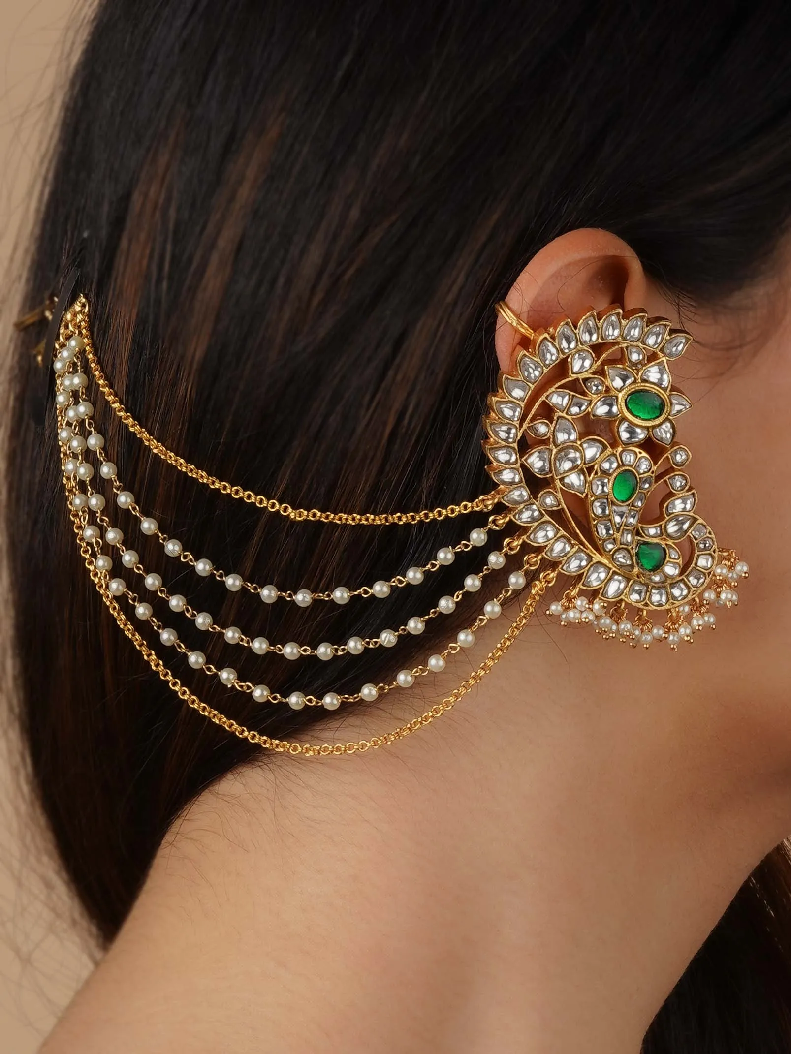 Green Color Gold Plated Jadau Kundan Earrings - ME1160WGR