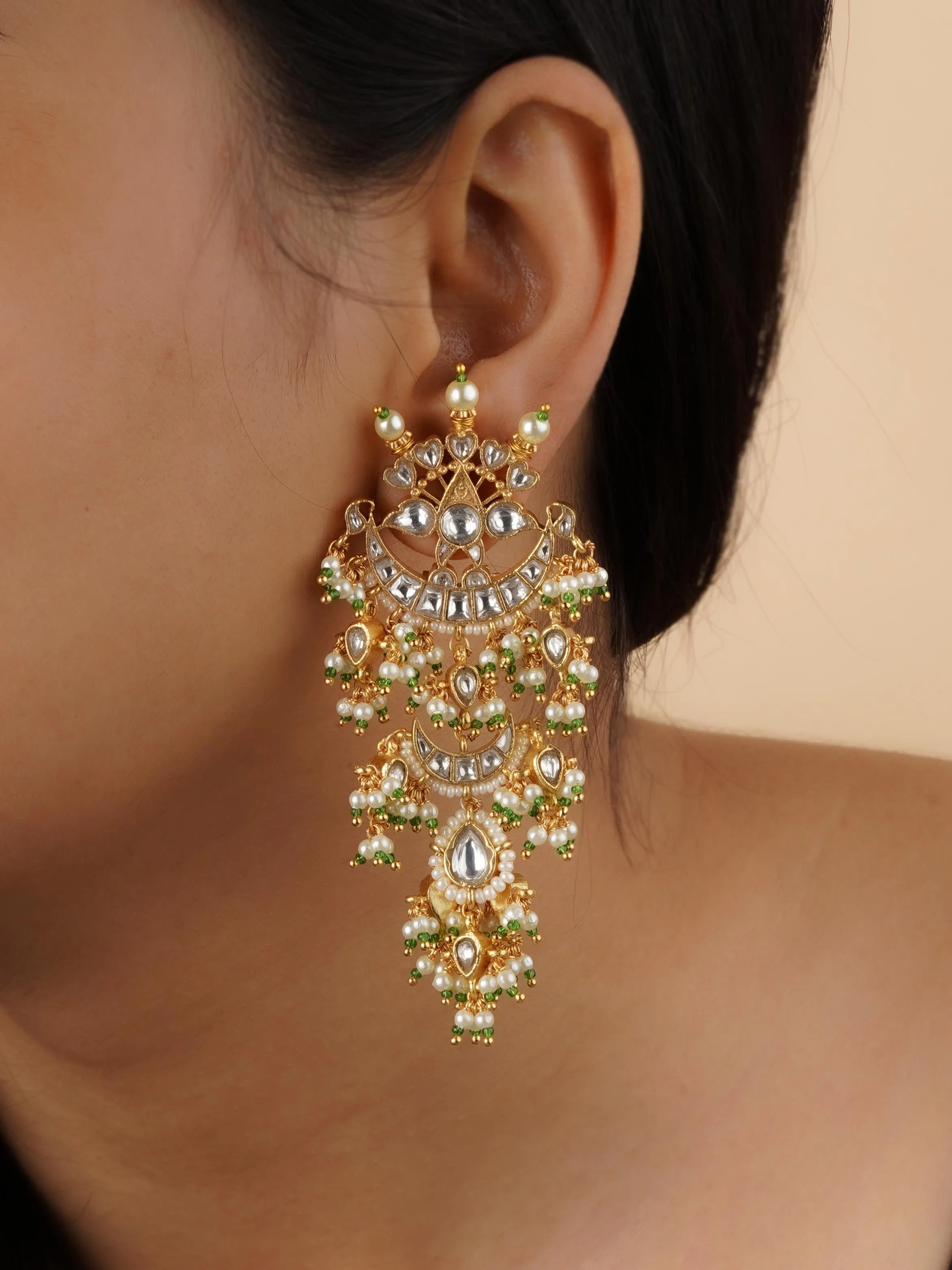 Green Color Gold Plated Jadau Kundan Earrings - ME1205