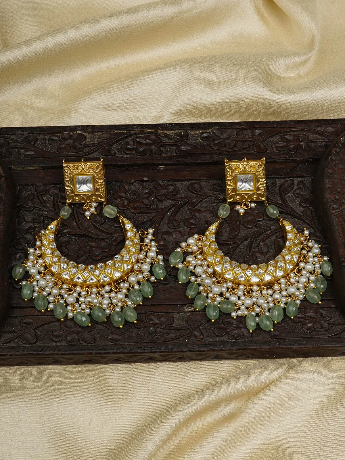 Green Color Gold Plated Thappa Jadau Kundan Earrings - TJ-E100A