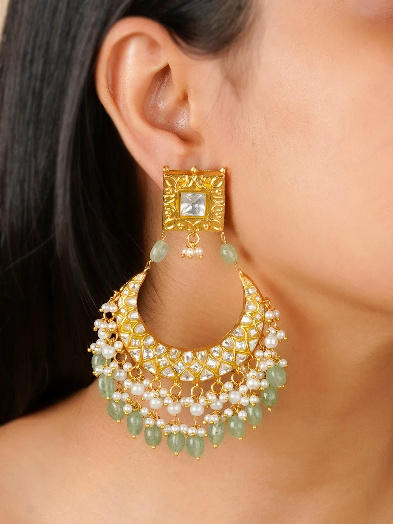 Green Color Gold Plated Thappa Jadau Kundan Earrings - TJ-E100A